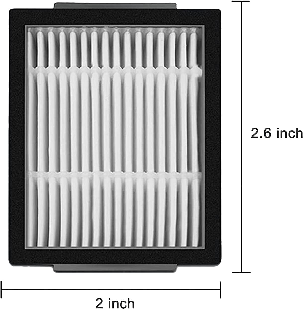 Ein gefalteter Luftfilter, 2 Zoll breit und 2,6 Zoll hoch, mit schwarzem Rahmen.