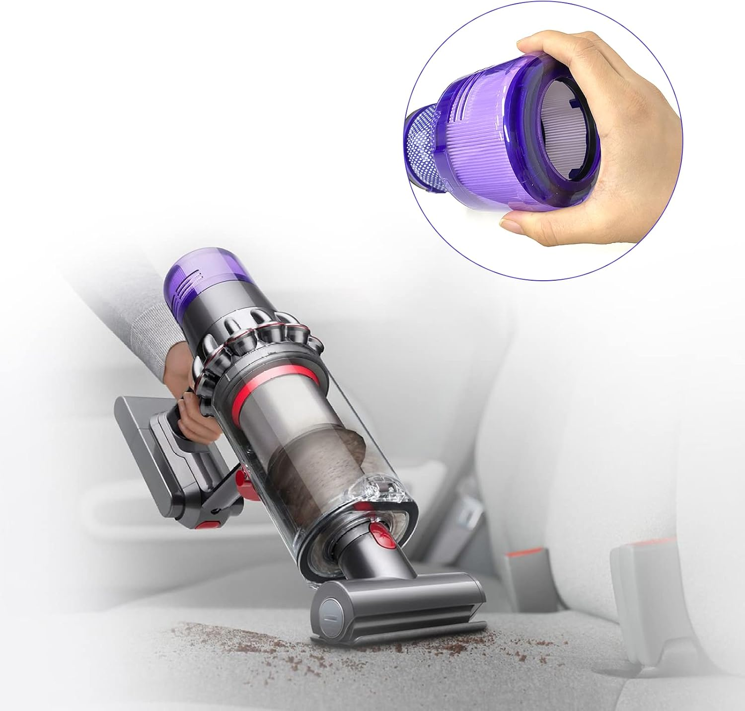 Ein Handstaubsauger reinigt Autositze. Ein Filter wird gezeigt.
