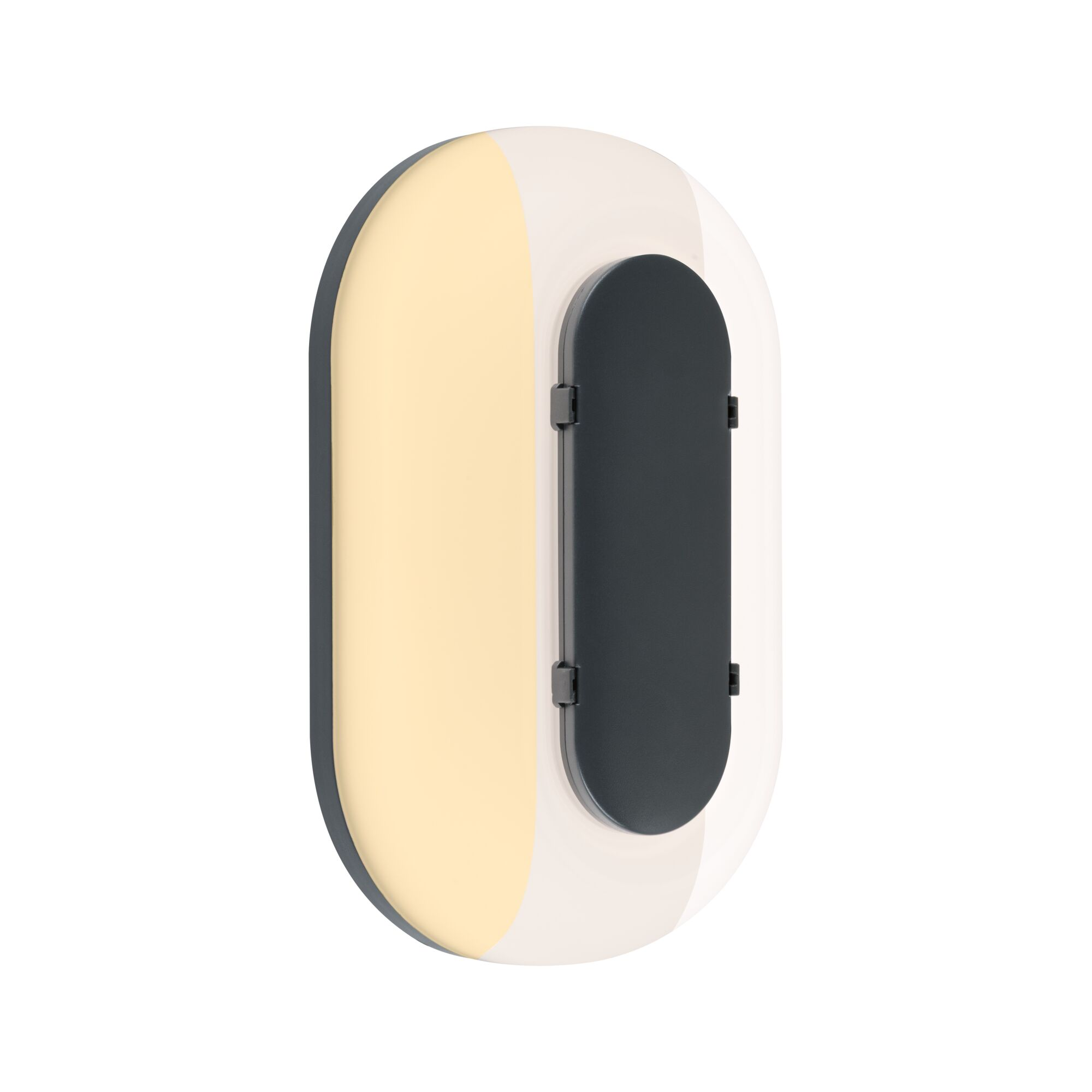Eine ovale Leuchte mit gelbem, weißem und grauem Design.