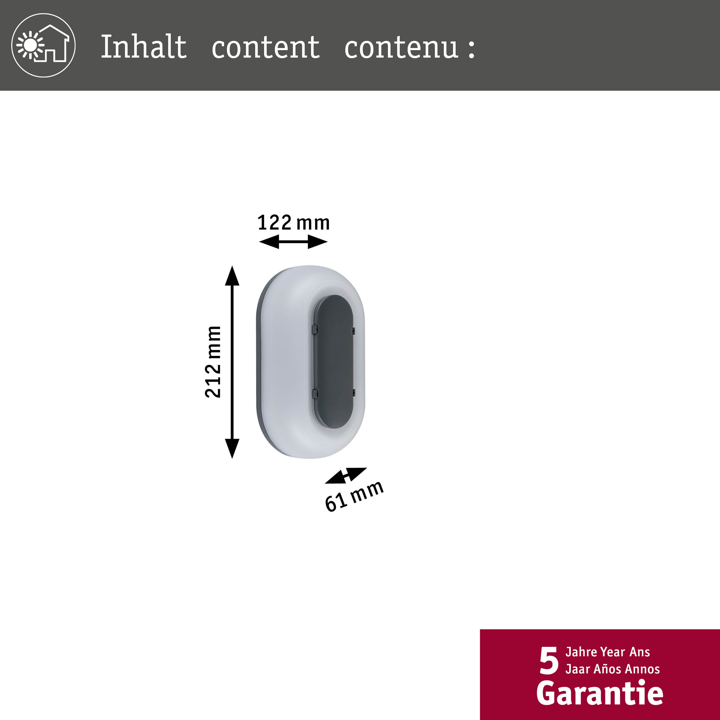 Eine weiße, ovale Leuchte, 212 mm hoch, 122 mm breit und 61 mm tief, vor weißem Hintergrund.