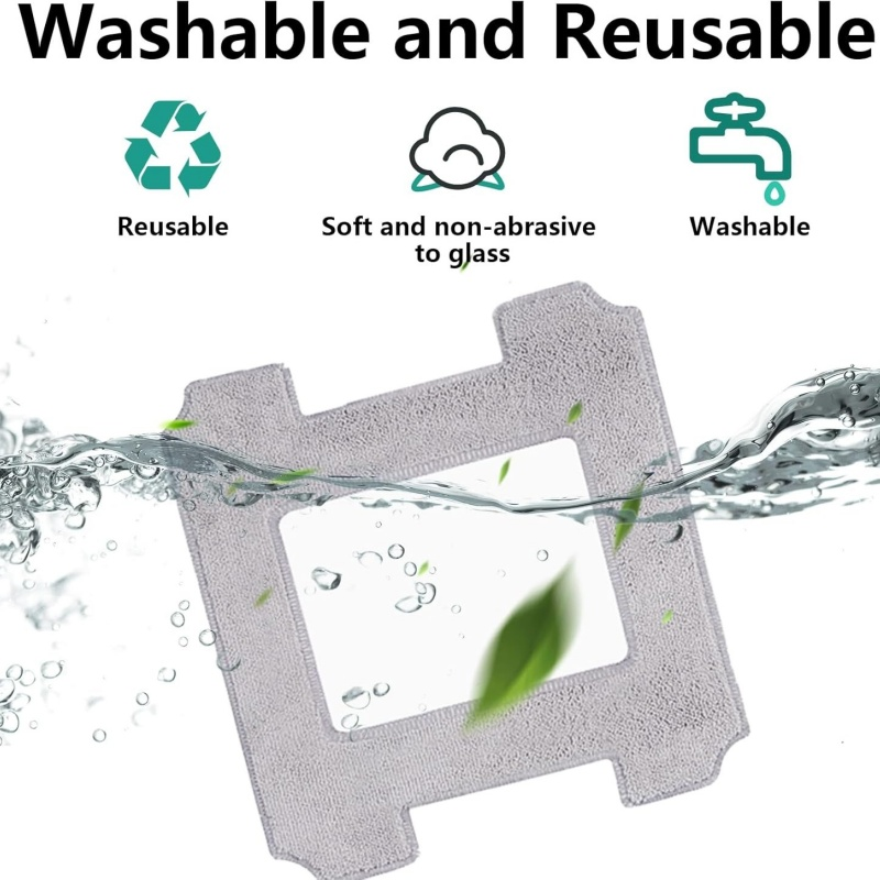 Panno mop grigio lavato in acqua, con icone di riutilizzabilità e morbidezza.