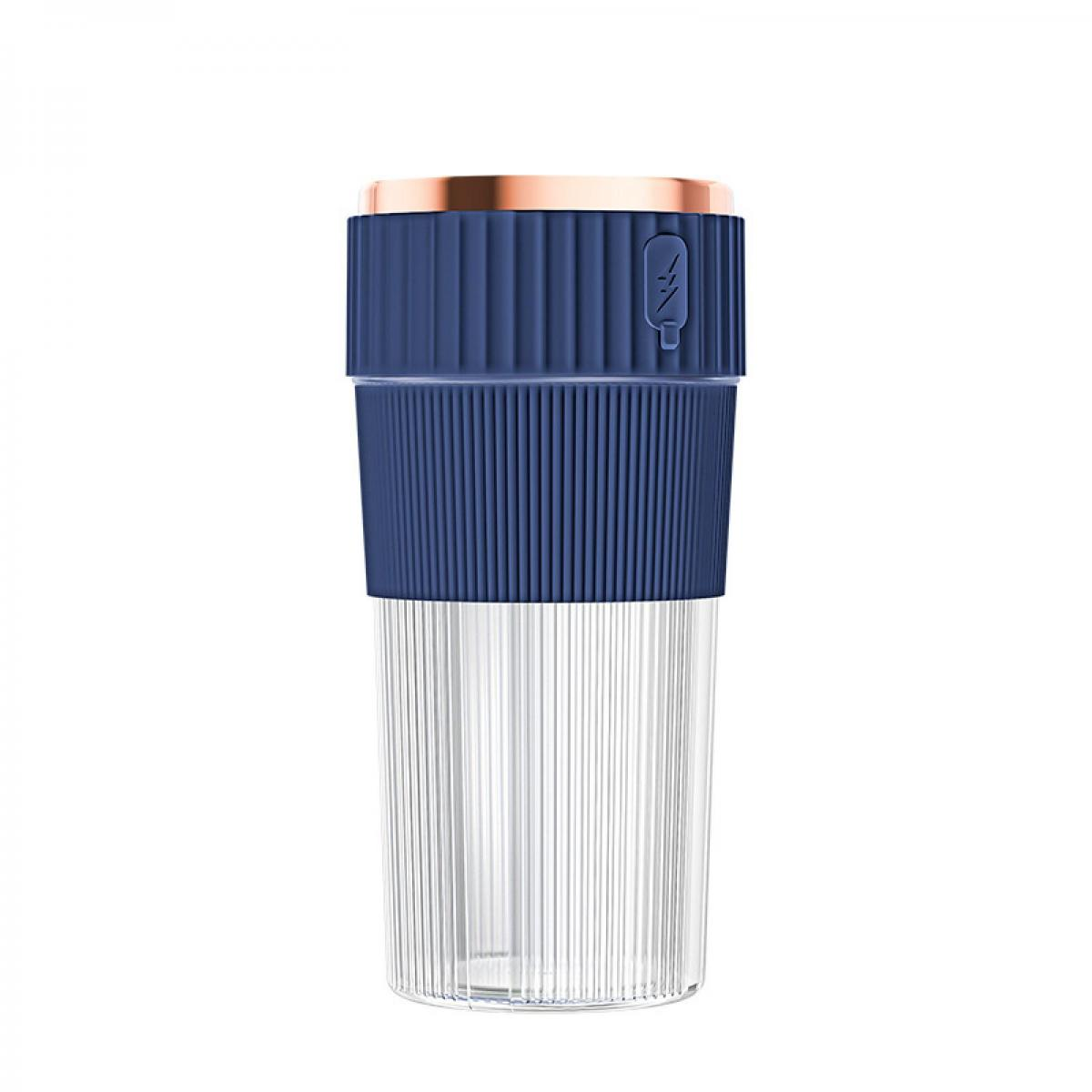 Ein blauer und durchsichtiger Becher mit einem kupferfarbenen Rand und einem Ladeanzeigesymbol.