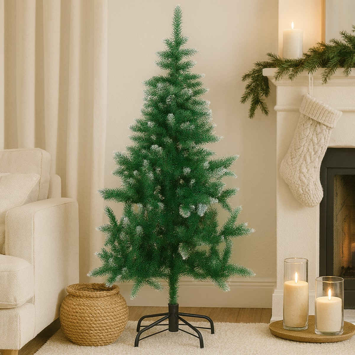 A decorated Christmas tree stands beside a fireplace with candles and a stocking.