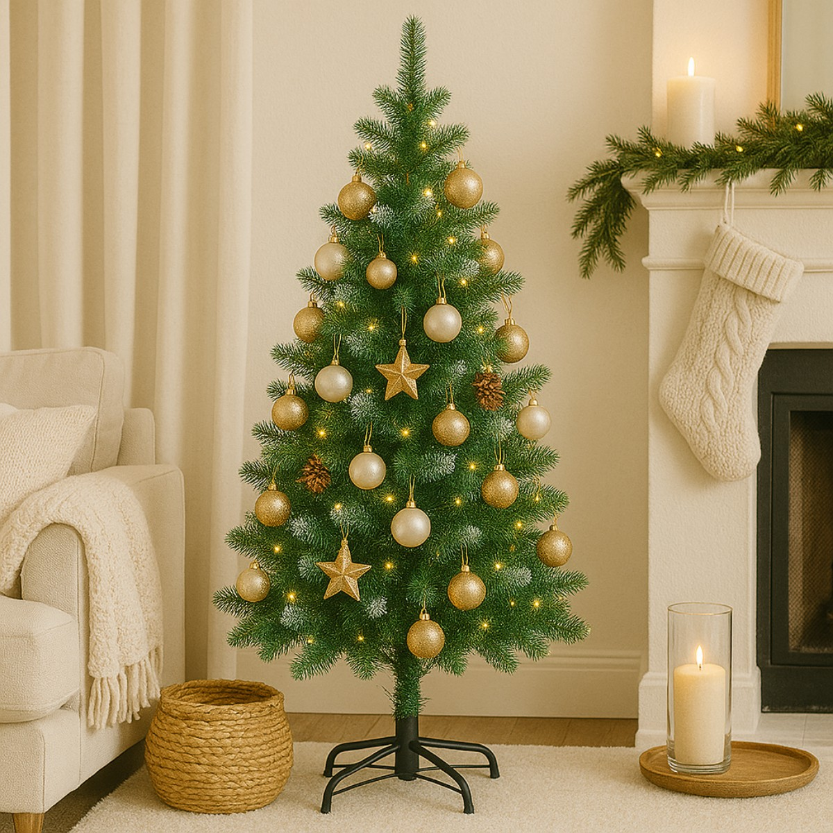 A decorated Christmas tree with gold baubles and stars stands beside a fireplace.
