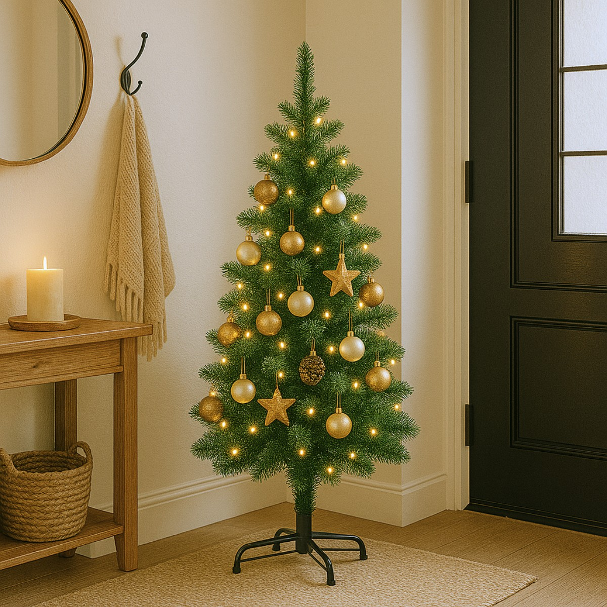 A decorated Christmas tree with gold baubles and lights next to a table.