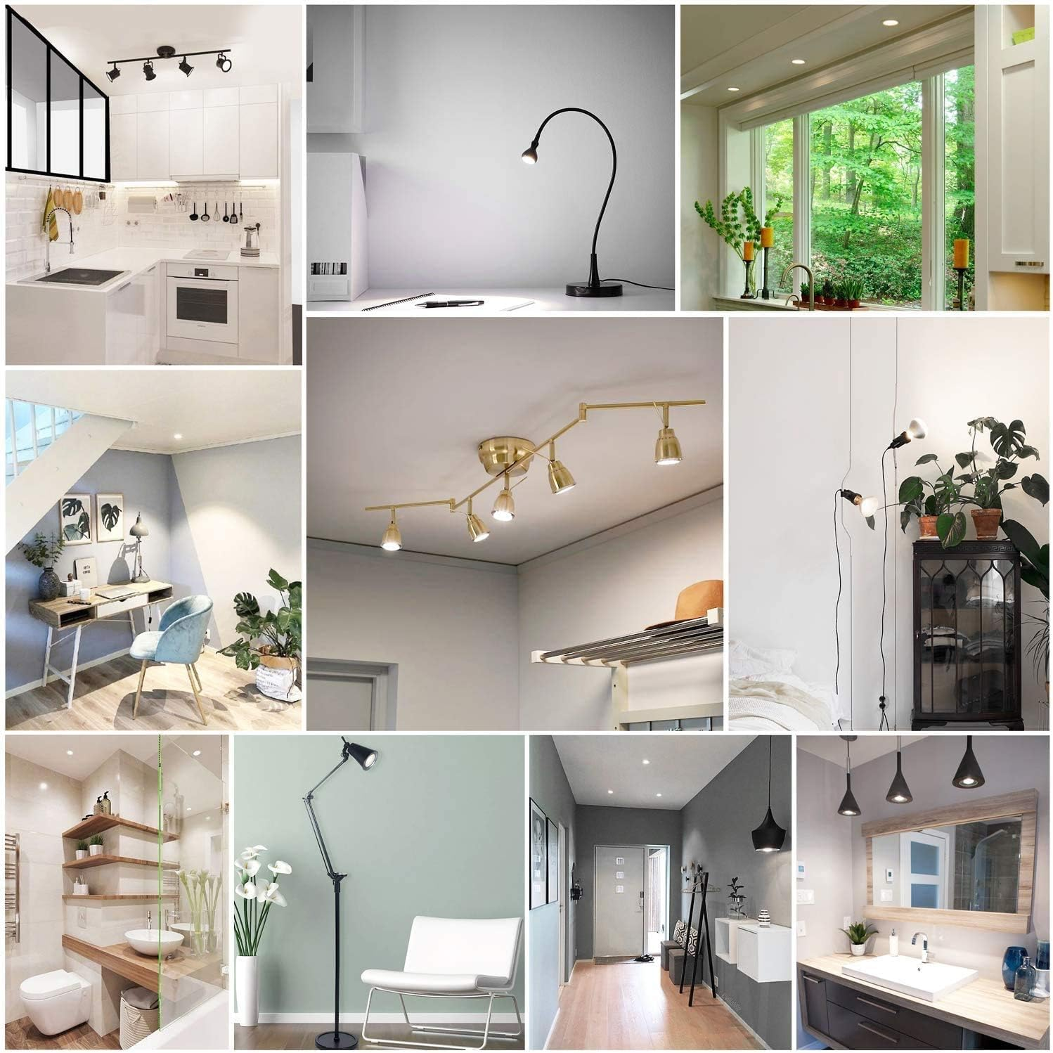 Eine Collage aus neun Innenarchitektur-Bildern, die verschiedene Beleuchtungskörper in verschiedenen Räumen zeigen.
