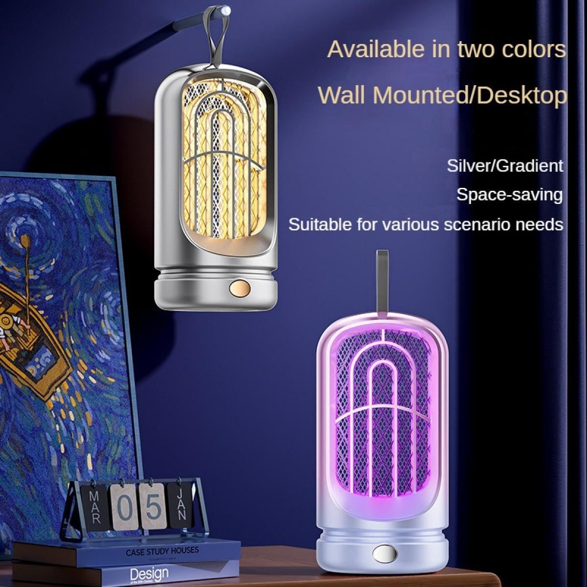 Zwei Lampen: eine silberne mit gelbem Licht, eine weiße mit violettem Licht.