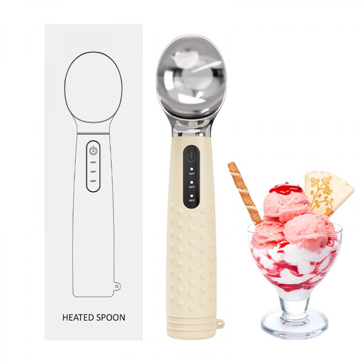 Ein cremefarbener, beheizter Löffel neben einem Eisbecher mit rosa Eis.