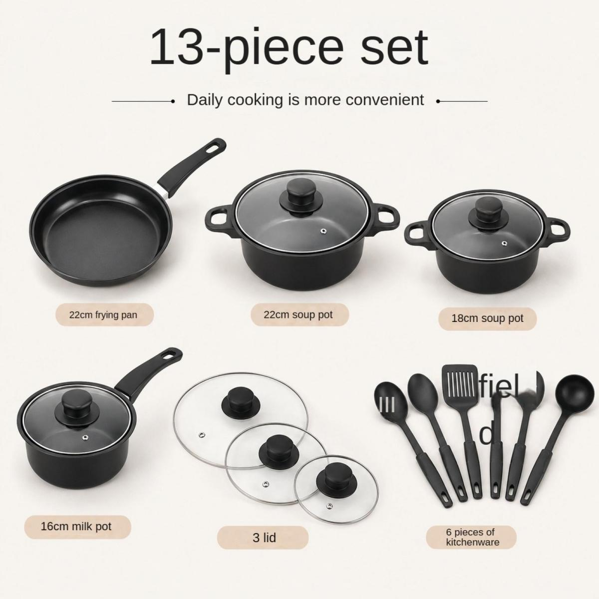 Ein 13-teiliges Kochgeschirr-Set mit Töpfen, Pfanne, Deckeln und Küchenutensilien.
