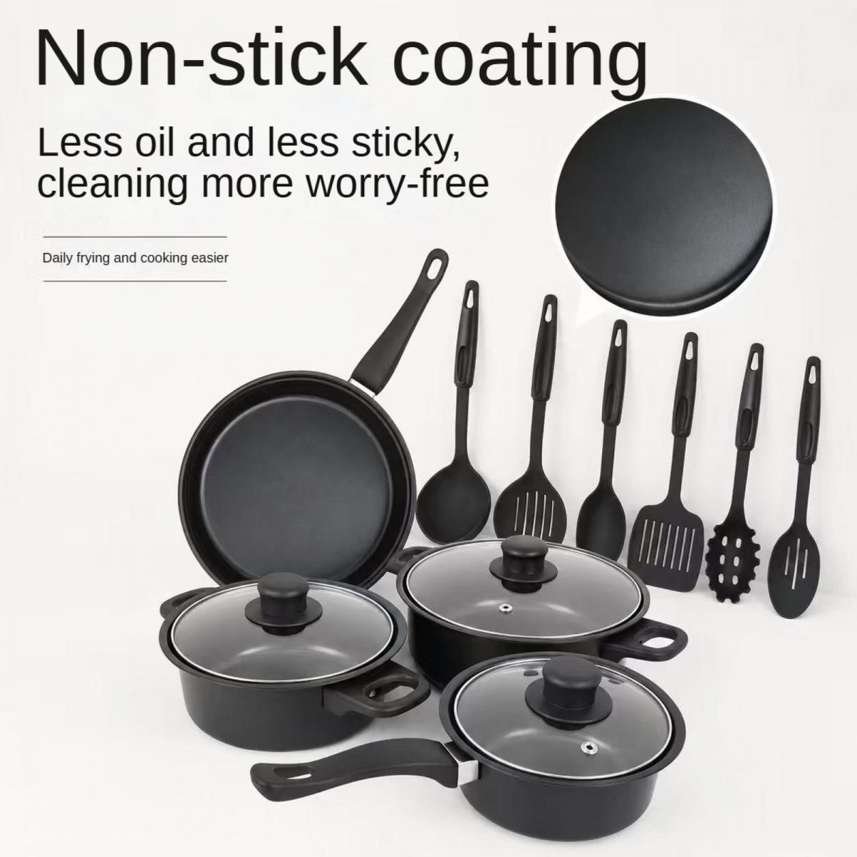 Schwarzes Kochgeschirr-Set mit Pfanne, Töpfen und Utensilien.