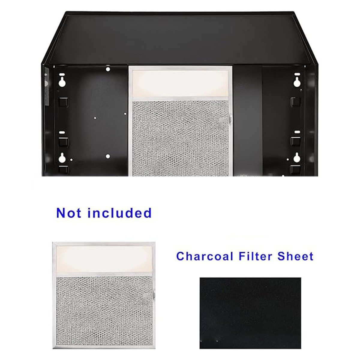 Eine schwarze Dunstabzugshaube mit Metallfilter, sowie ein separater Filter und eine Aktivkohlematte mit der Aufschrift „Nicht enthalten“.