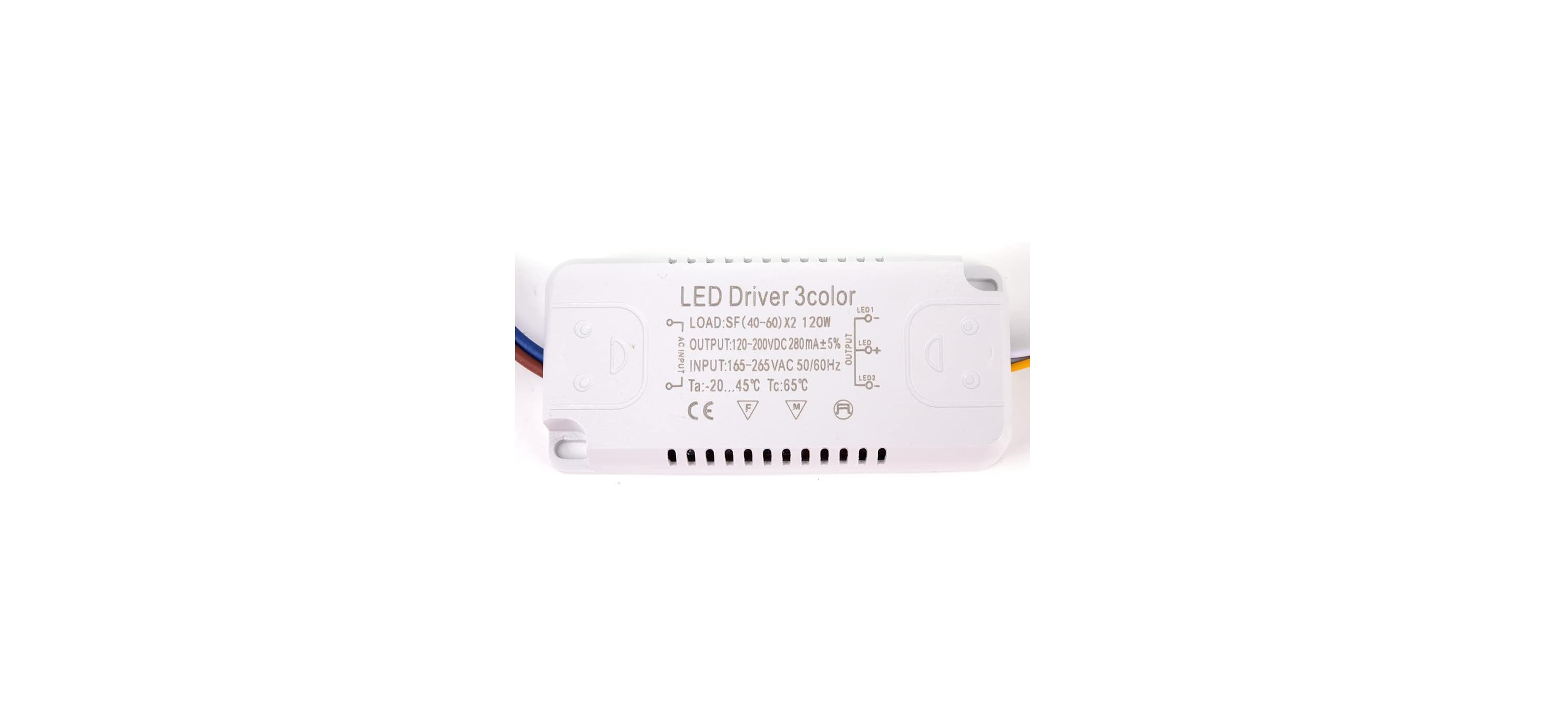 Ein weißes LED Driver 3-Farben Modul mit schwarzem Text und farbigen Kabeln auf weißem Hintergrund.