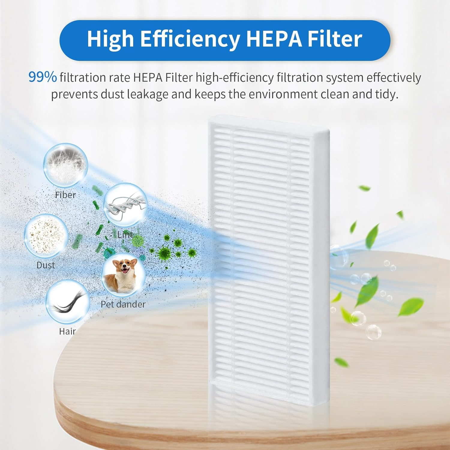 Diagramma del filtro HEPA che mostra polvere, capelli, lanugine, fibre e forfora di animali.