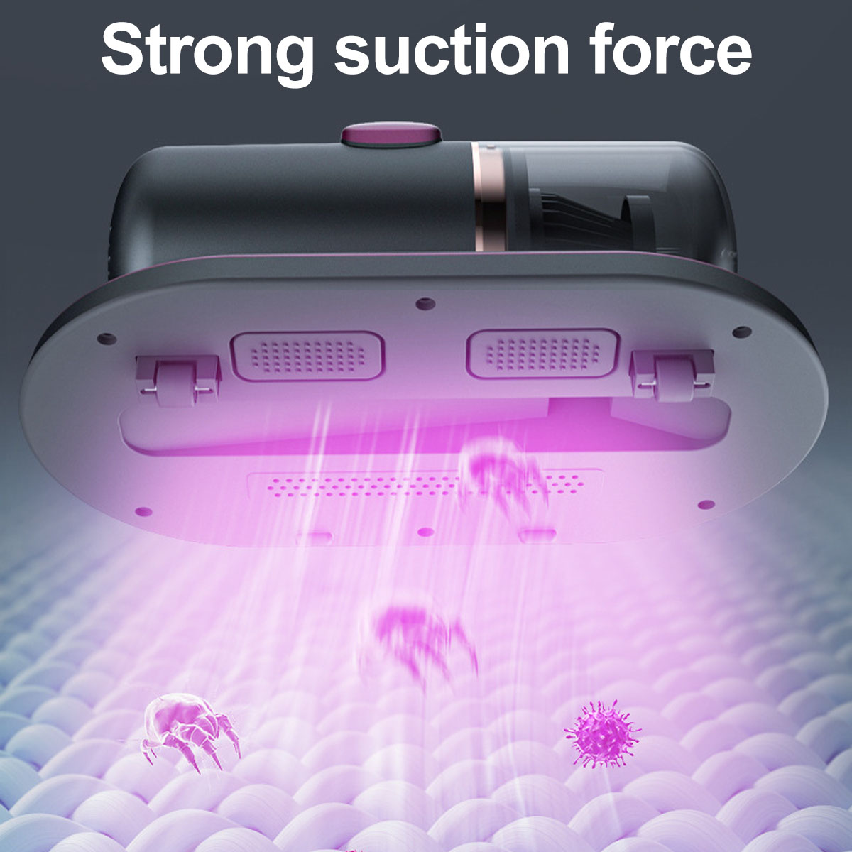 Ein schwarz-pinker Handstaubsauger strahlt violettes Licht auf eine weiße strukturierte Oberfläche, mikroskopische Organismen zeigend.