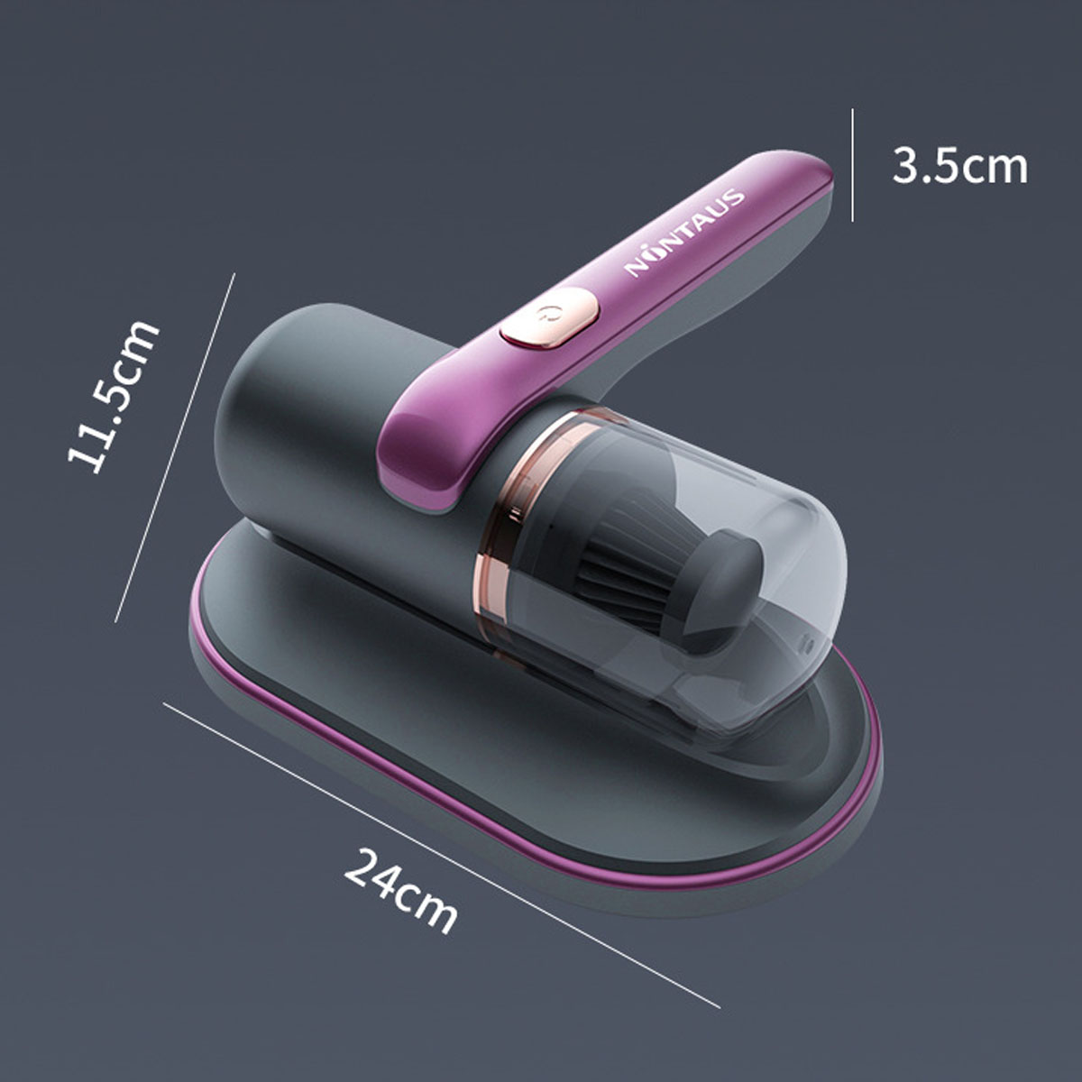 Grauer und violetter Handstaubsauger mit transparenter Staubkammer und Maßen.