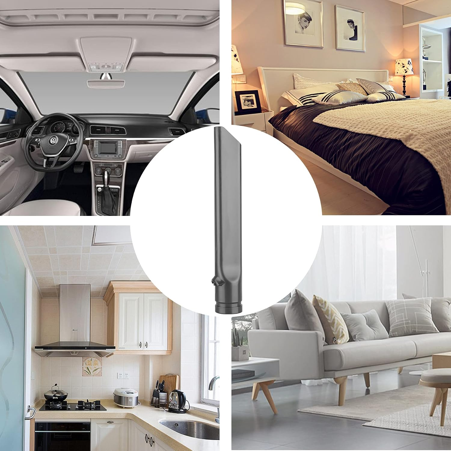 Collage aus Autoinnenraum, Schlafzimmer, Küche und Wohnzimmer mit Düse.