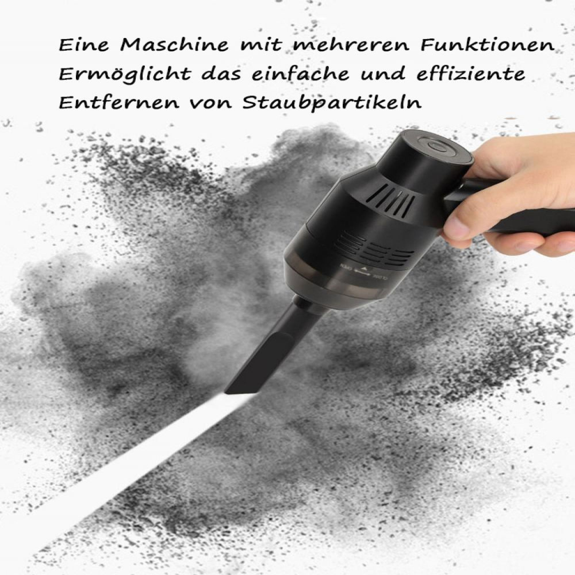 Hand hält schwarzen Staubabsauger, der Staubpartikel aufsaugt.