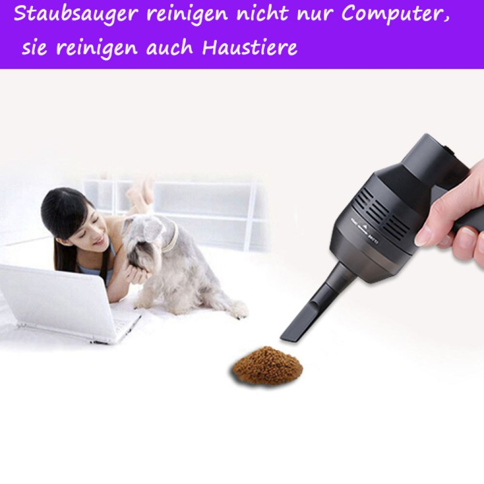 Eine Frau mit einem Hund liegt neben einem Laptop, ein Staubsauger ist zu sehen.