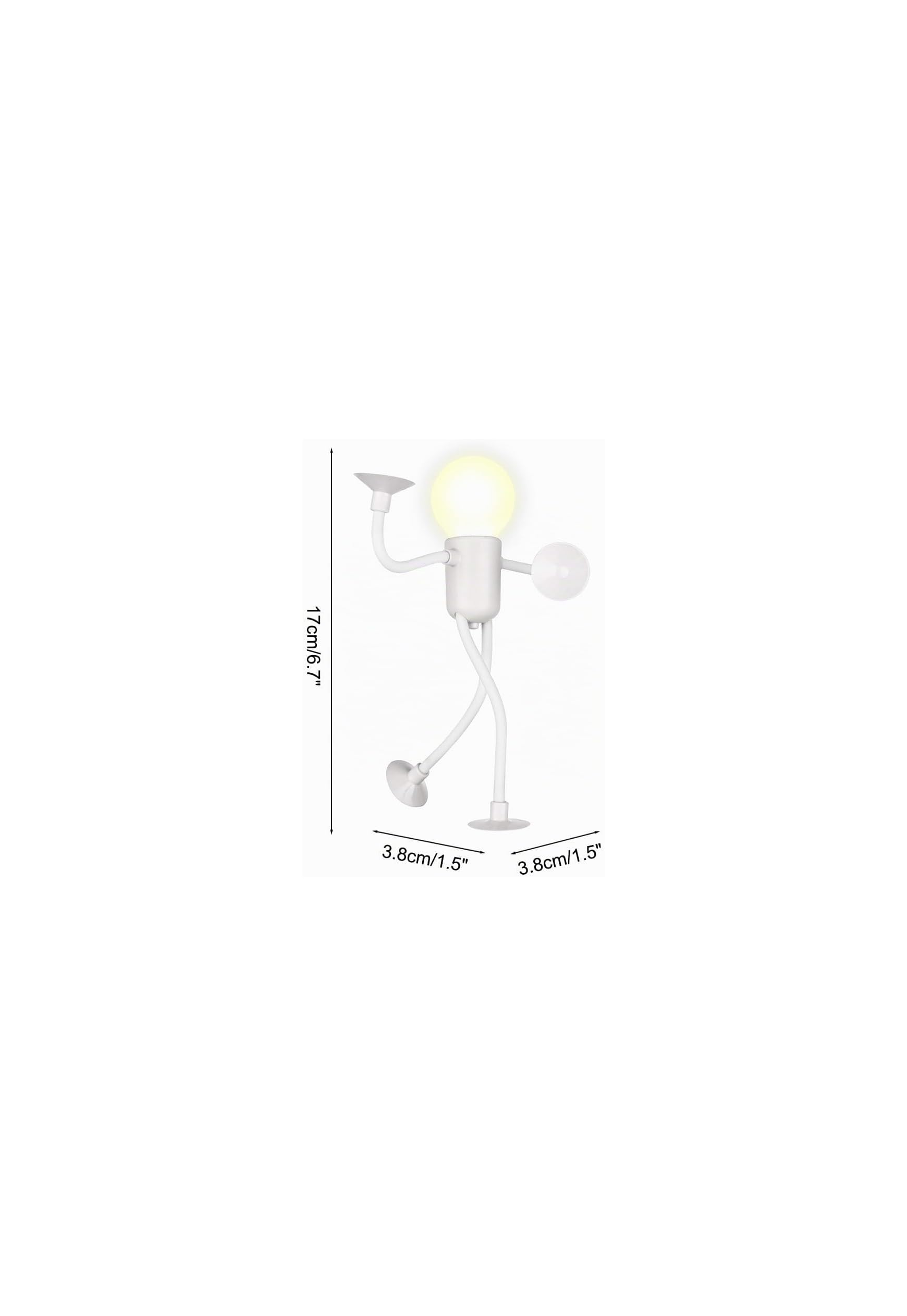 Eine weiße Lampe in Form einer Figur mit Glühbirne und Maßen.