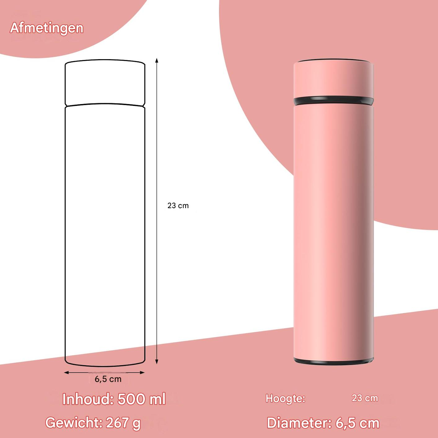 Eine rosa Trinkflasche mit Maßen: 23cm hoch, 6,5cm Durchmesser, 500ml Inhalt, 267g.