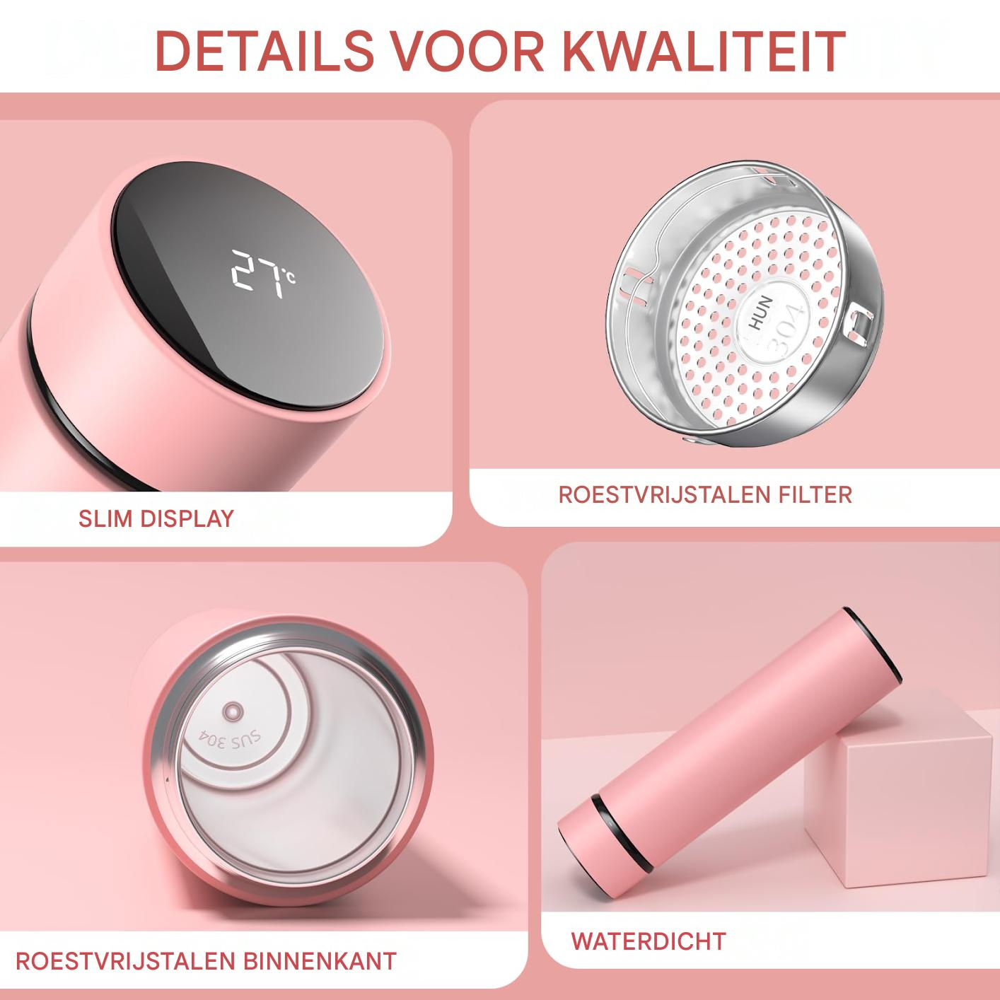 Ein rosa Thermobecher mit digitaler Anzeige und Edelstahl-Innenleben.