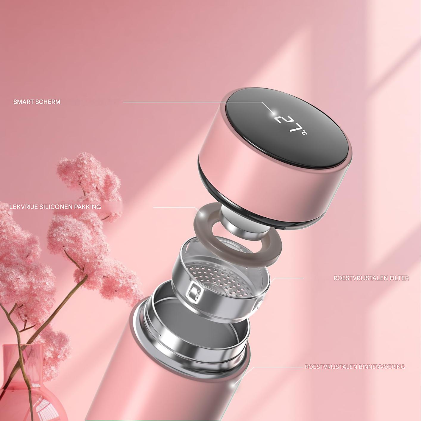 Explosionsansicht einer rosa Smart-Wasserflasche mit Digitalanzeige, die 27°C anzeigt.