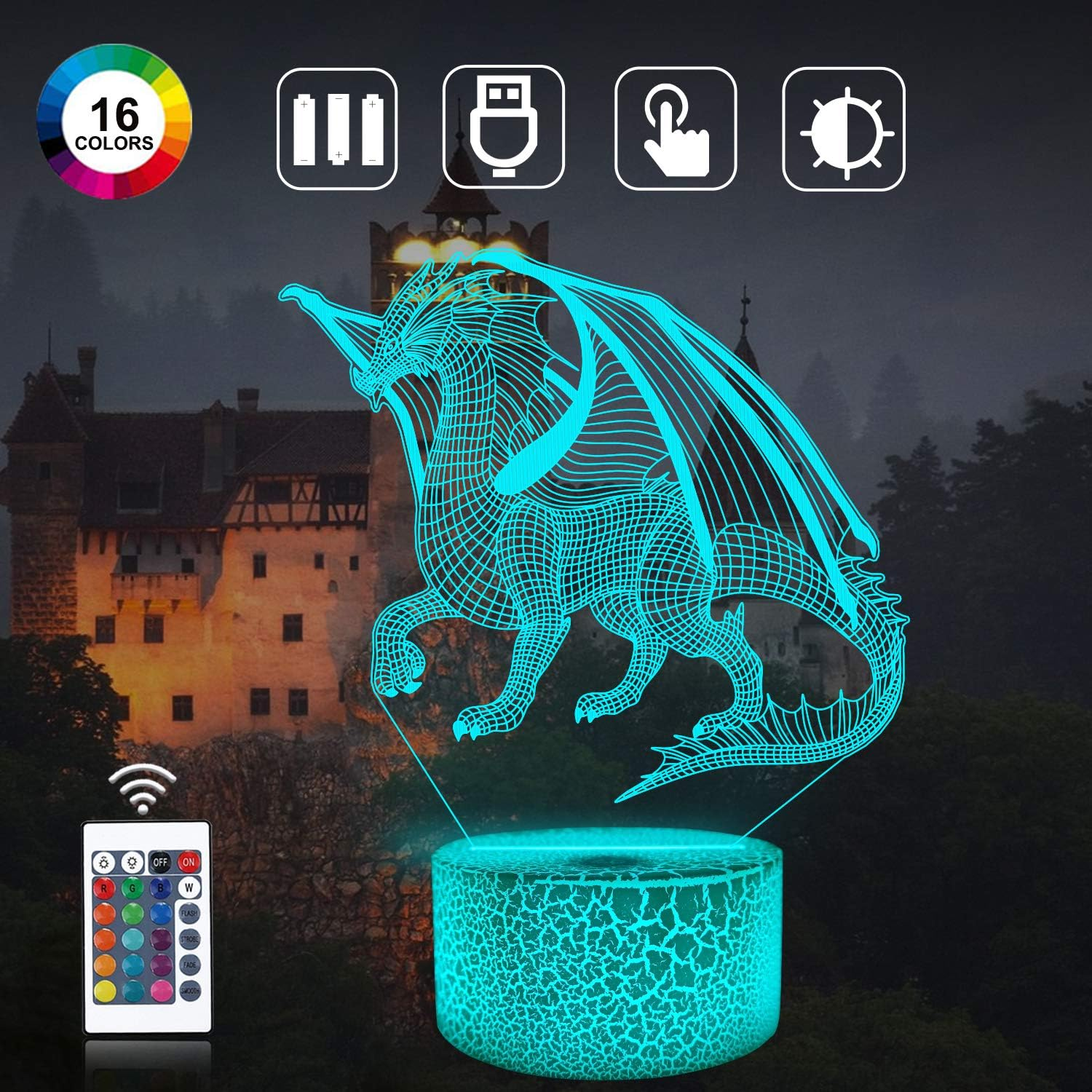 3D-Drachenlampe leuchtet in Türkis vor einer Burgkulisse mit Fernbedienung.