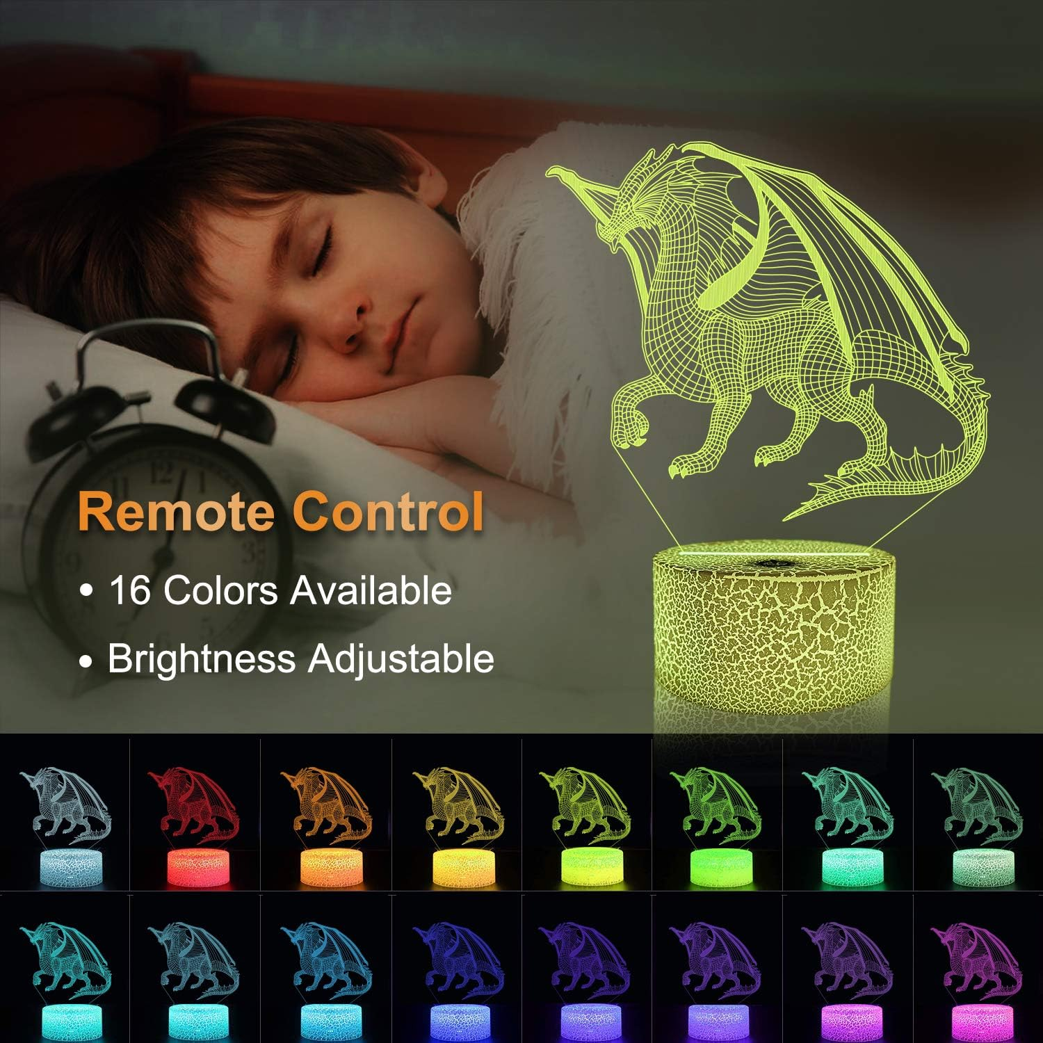 Ein Kind schläft neben einem Wecker und einer Drachenlampe in 16 Farben.