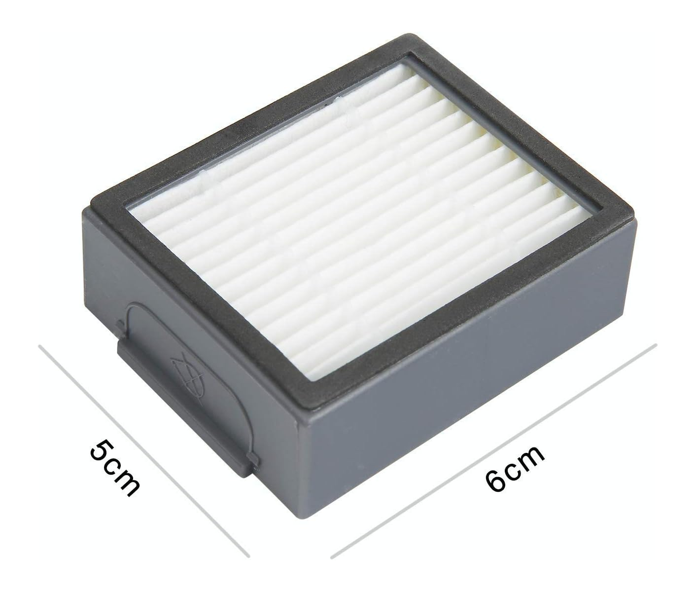 Grauer rechteckiger Filter mit weißen Falten, 5x6cm Maße.