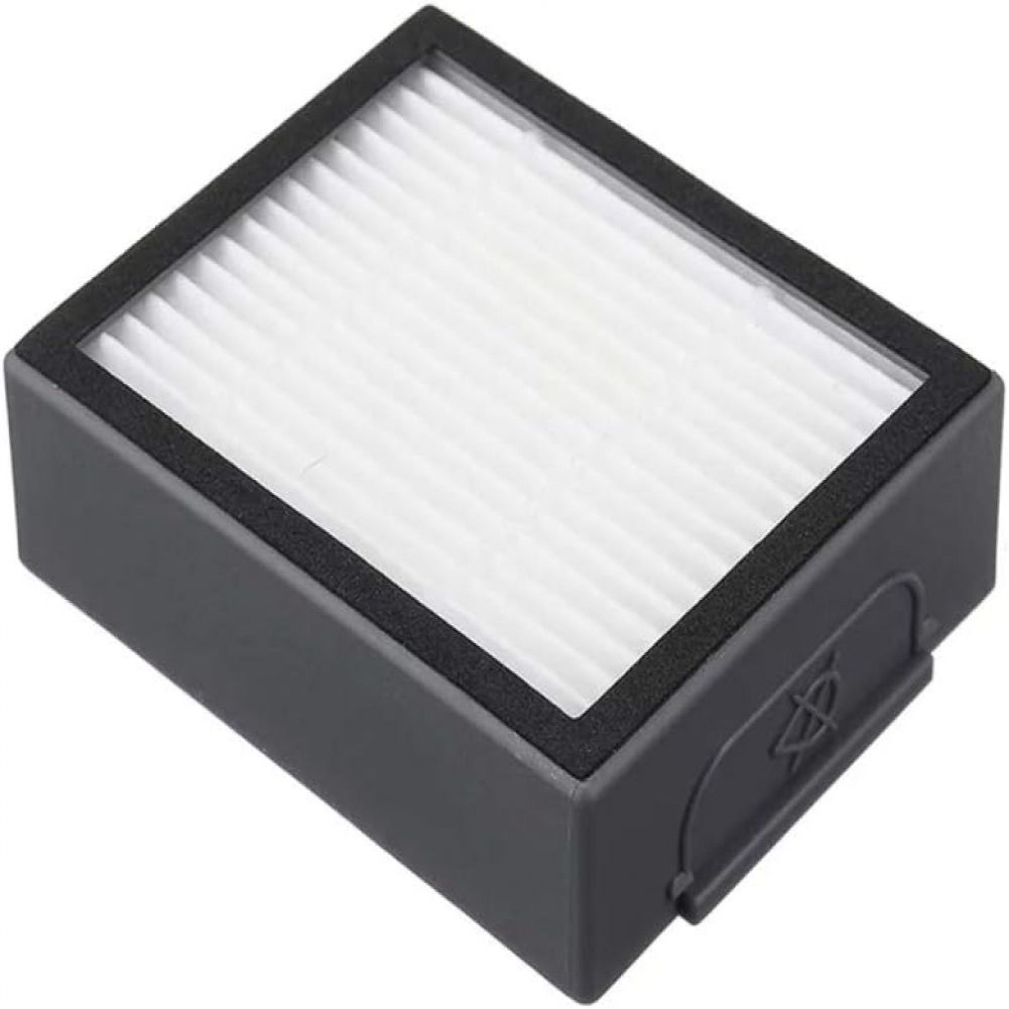 Ein rechteckiger grauer Filter mit plissiertem weißem Material oben, schräg vor einem weißen Hintergrund.