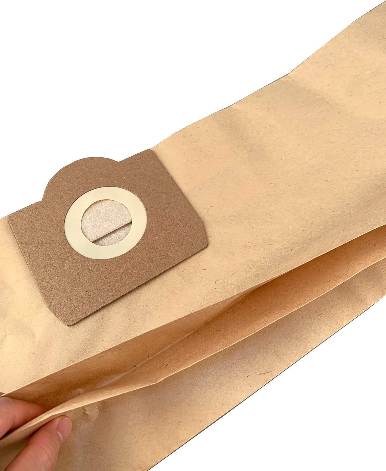 Ein brauner Staubsaugerbeutel aus Papier mit einer cremefarbenen Öffnung.