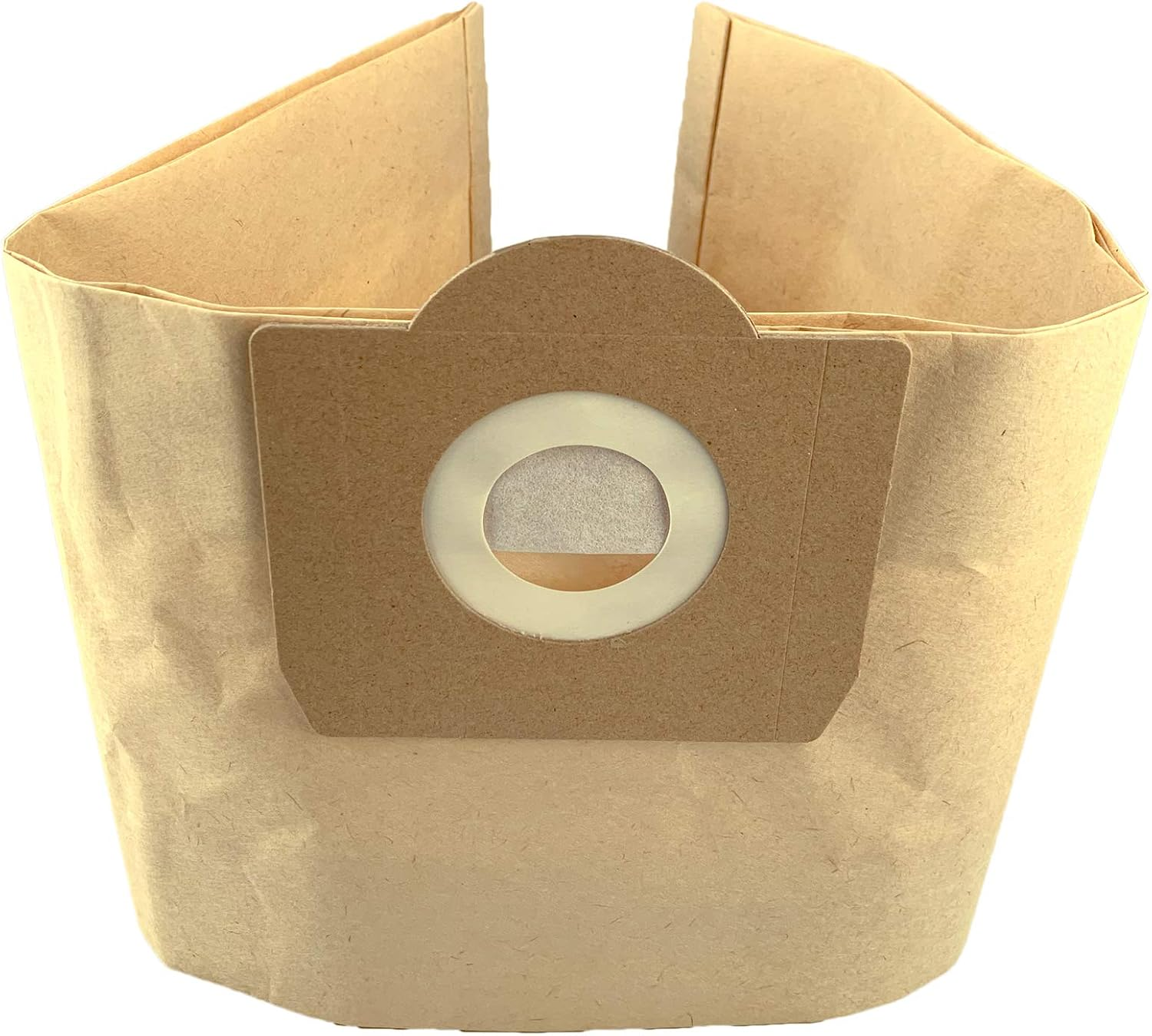 Ein brauner Staubsaugerbeutel aus Papier mit einem runden Sichtfenster.