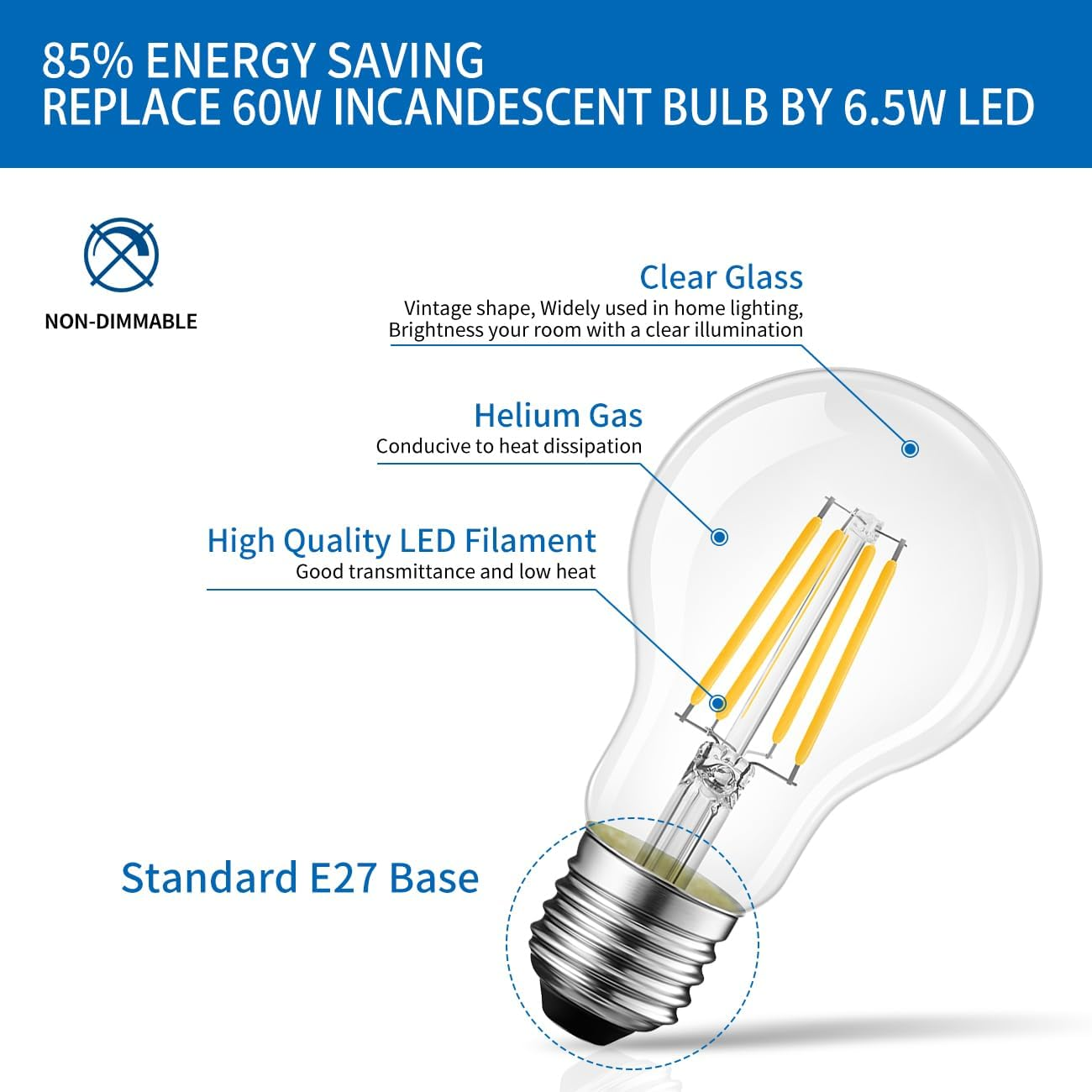 Eine LED-Glühbirne mit klarem Glas, E27-Sockel und sichtbaren Filamenten.
