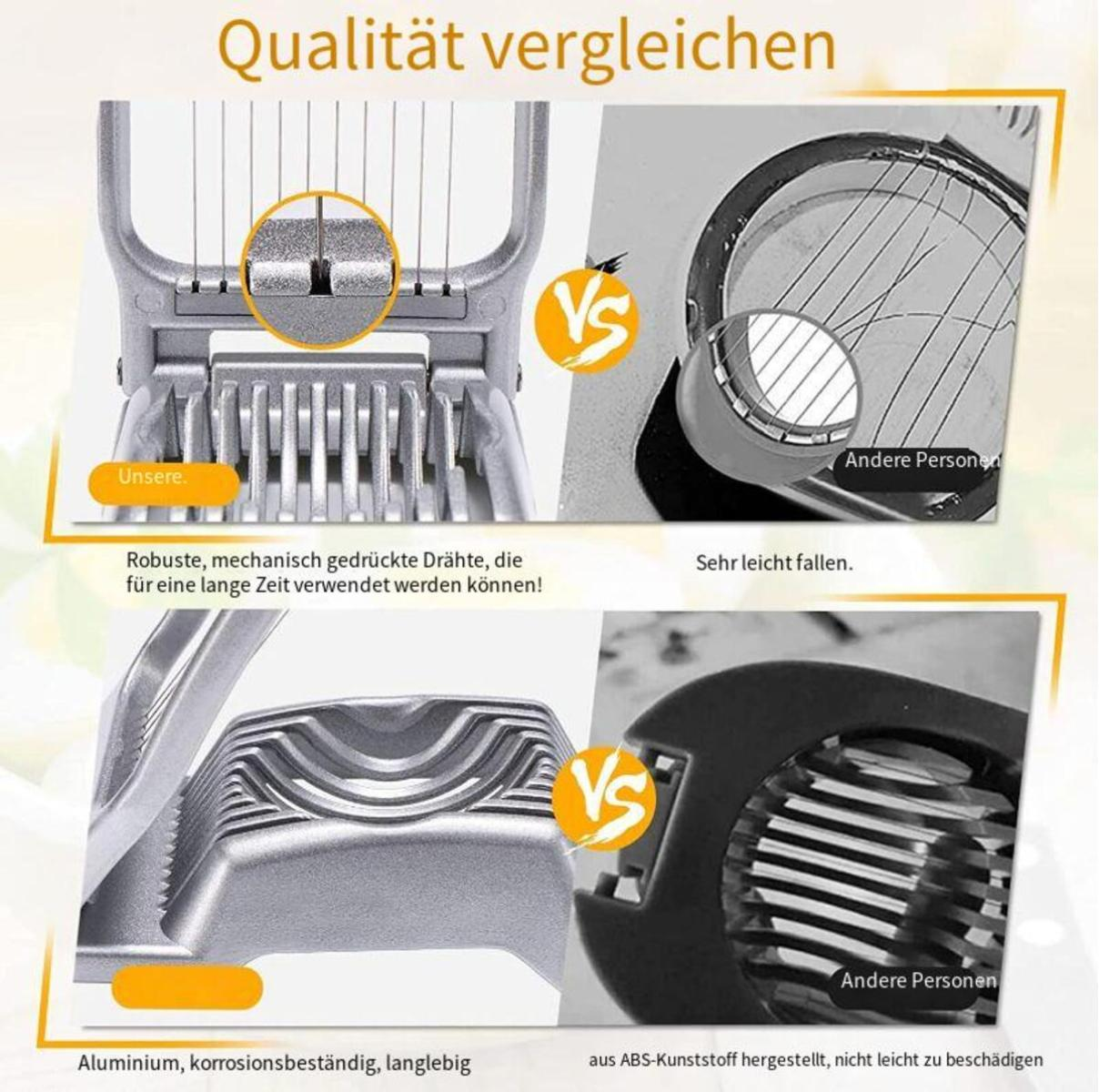 Vergleich von Eierschneidern: Aluminium vs. ABS-Kunststoff, robuste vs. leichte Drähte.