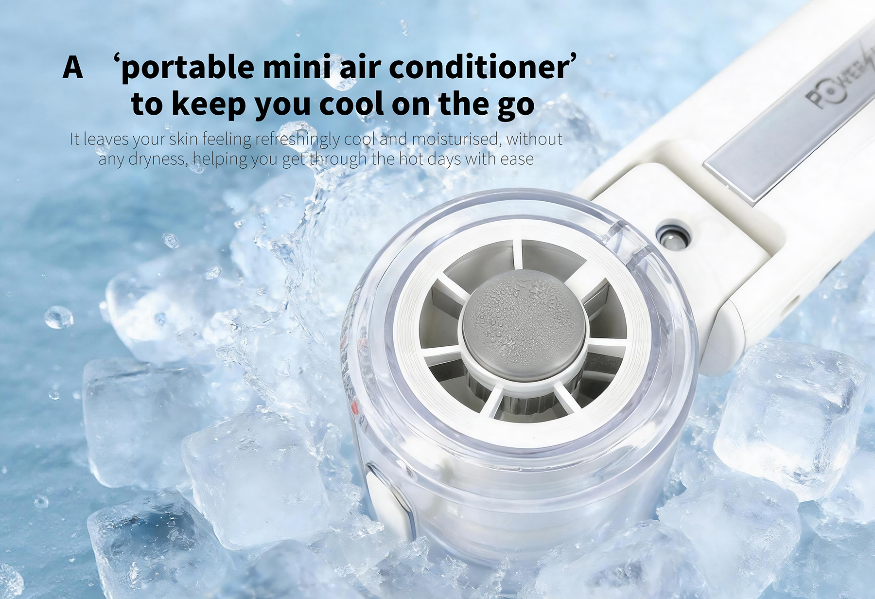Tragbarer Mini-Klimaanlage auf Eis und Wasser mit Text.