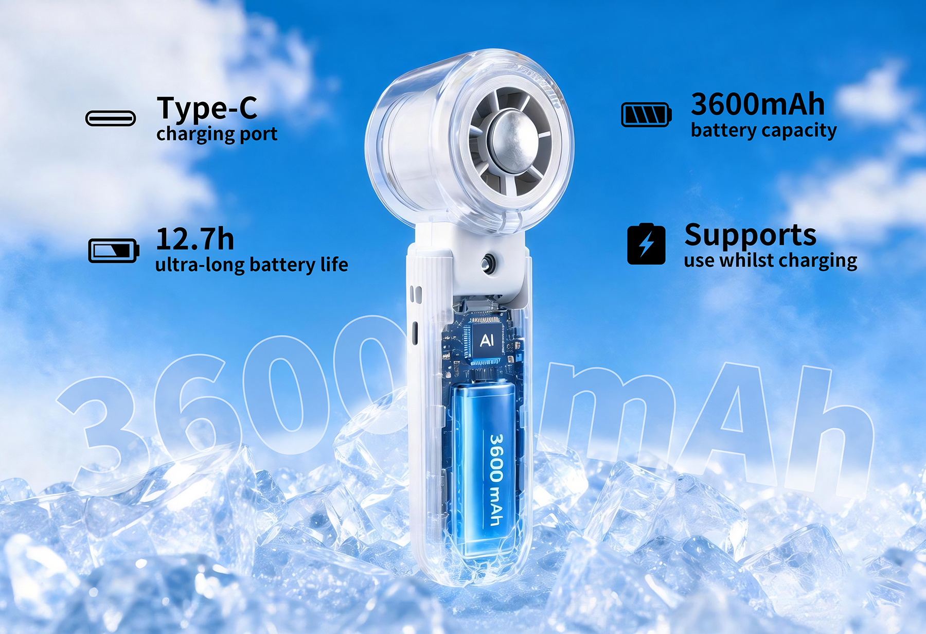 Tragbarer Ventilator mit 3600mAh Akku, Typ-C-Ladeanschluss, 12,7h Laufzeit.