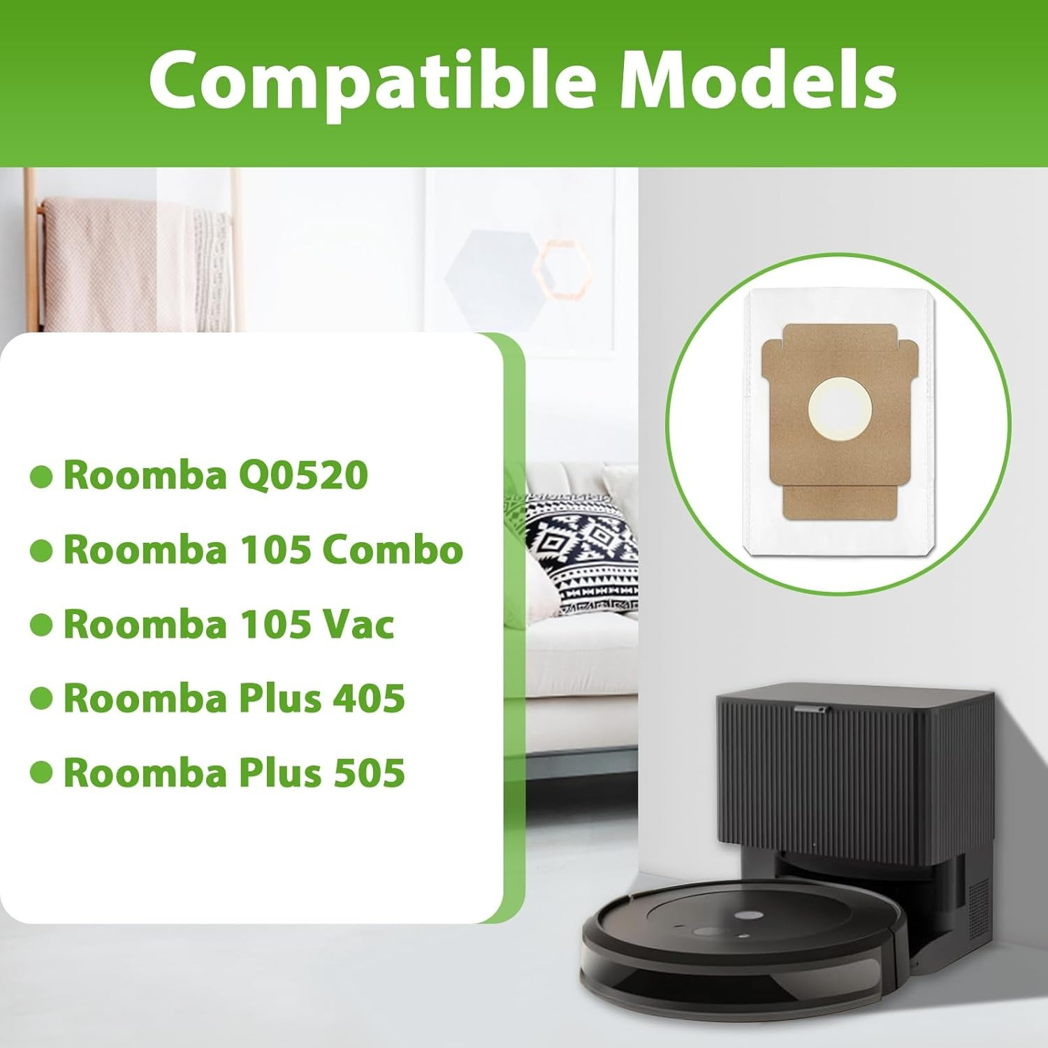 Das Bild zeigt eine Liste kompatibler Roomba-Modelle und einen Roomba-Staubsauger mit Ladestation und Staubbeutel.