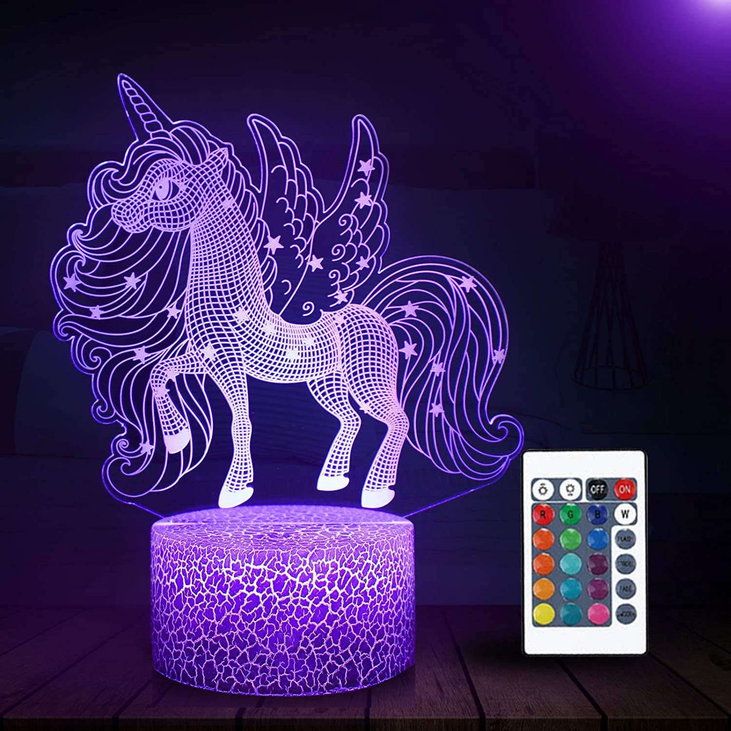 Eine violette 3D-Lampe in Form eines geflügelten Einhorns mit Fernbedienung.