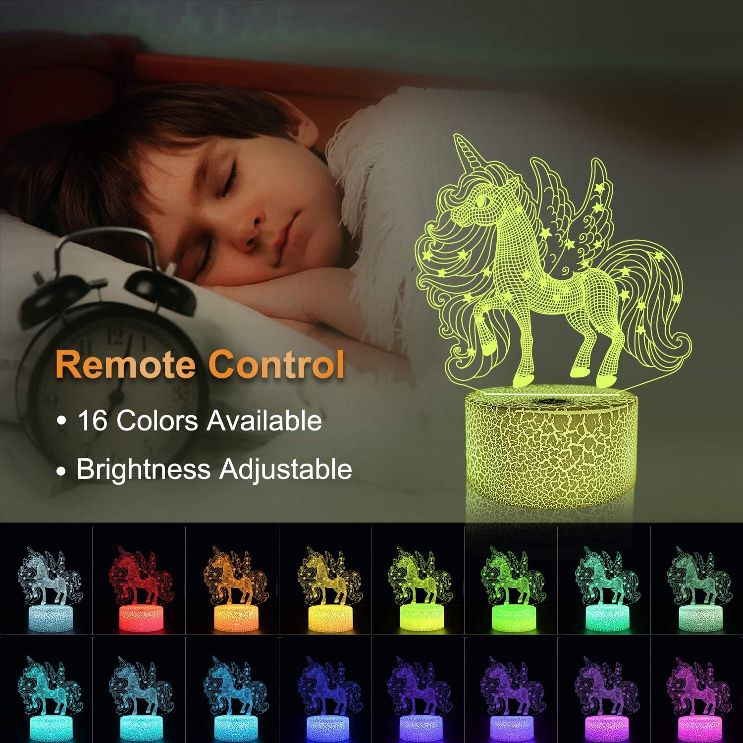 Kind schläft neben Wecker und 3D-Einhornlampe mit 16 Farben.
