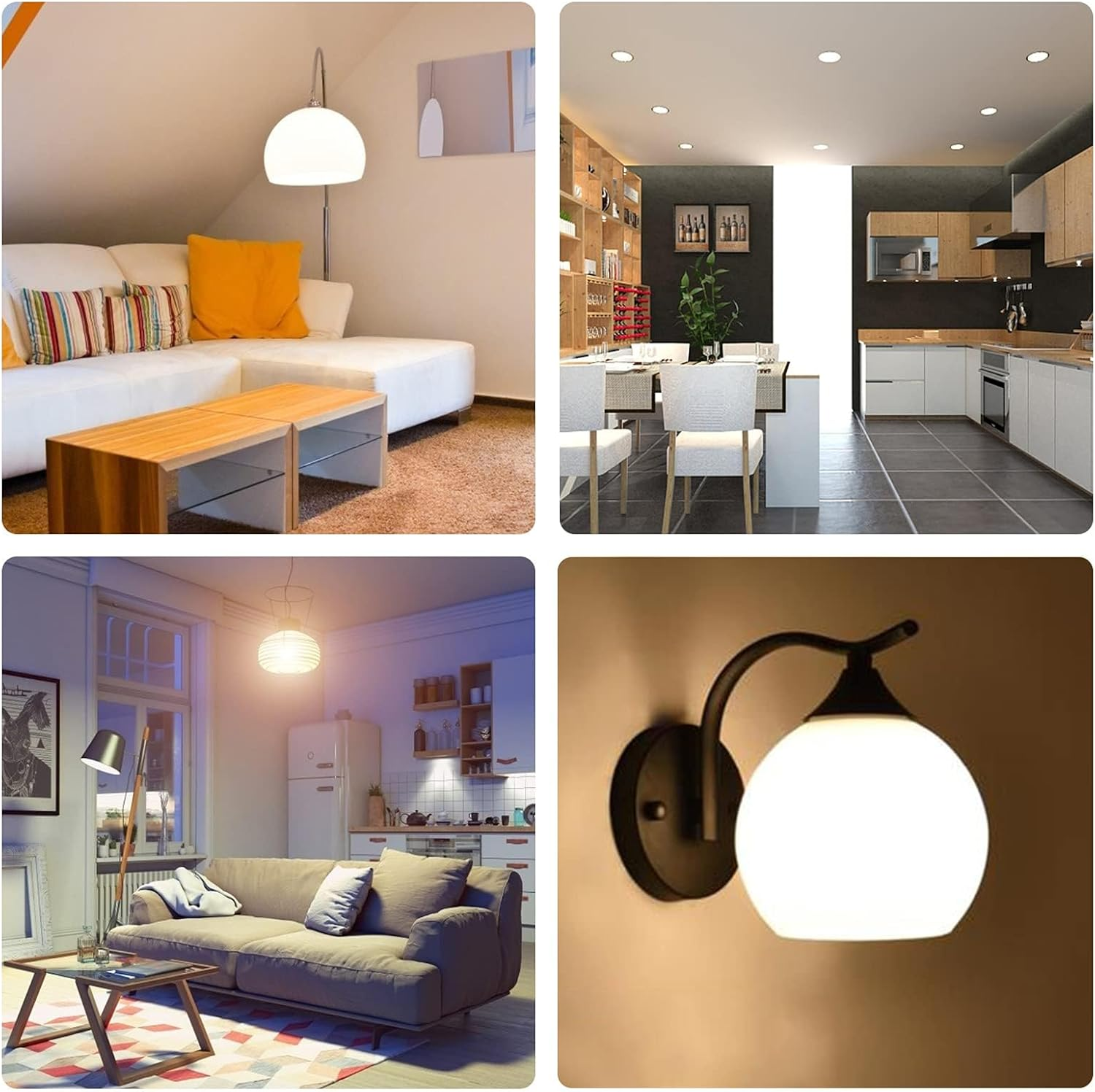 Collage aus vier Wohnszenen: Wohnzimmer, Esszimmer/Küche, Wohnzimmer bei Nacht, Wandleuchte.