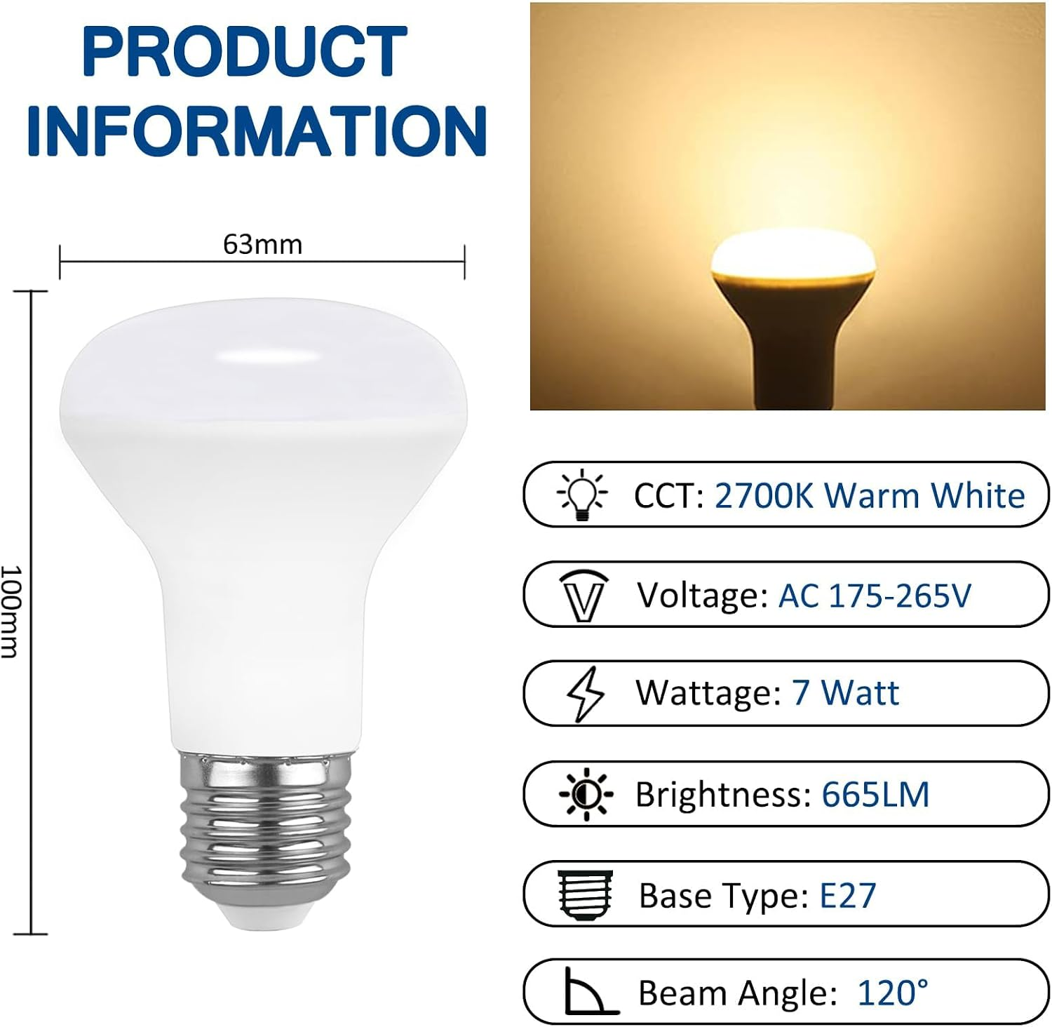 Produktinfo: 100mm hohe, 63mm breite LED-Lampe. 2700K Warmweiß, 7W, 665LM.