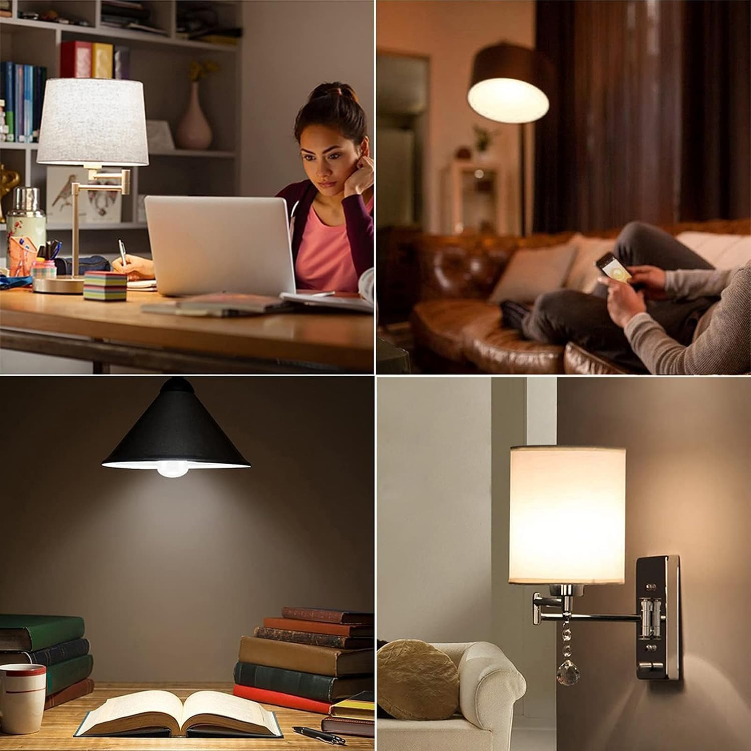Vier Szenen: Frau am Laptop, Mann mit Handy auf Sofa, Schreibtischlampe mit Büchern, Wandlampe neben Sofa.