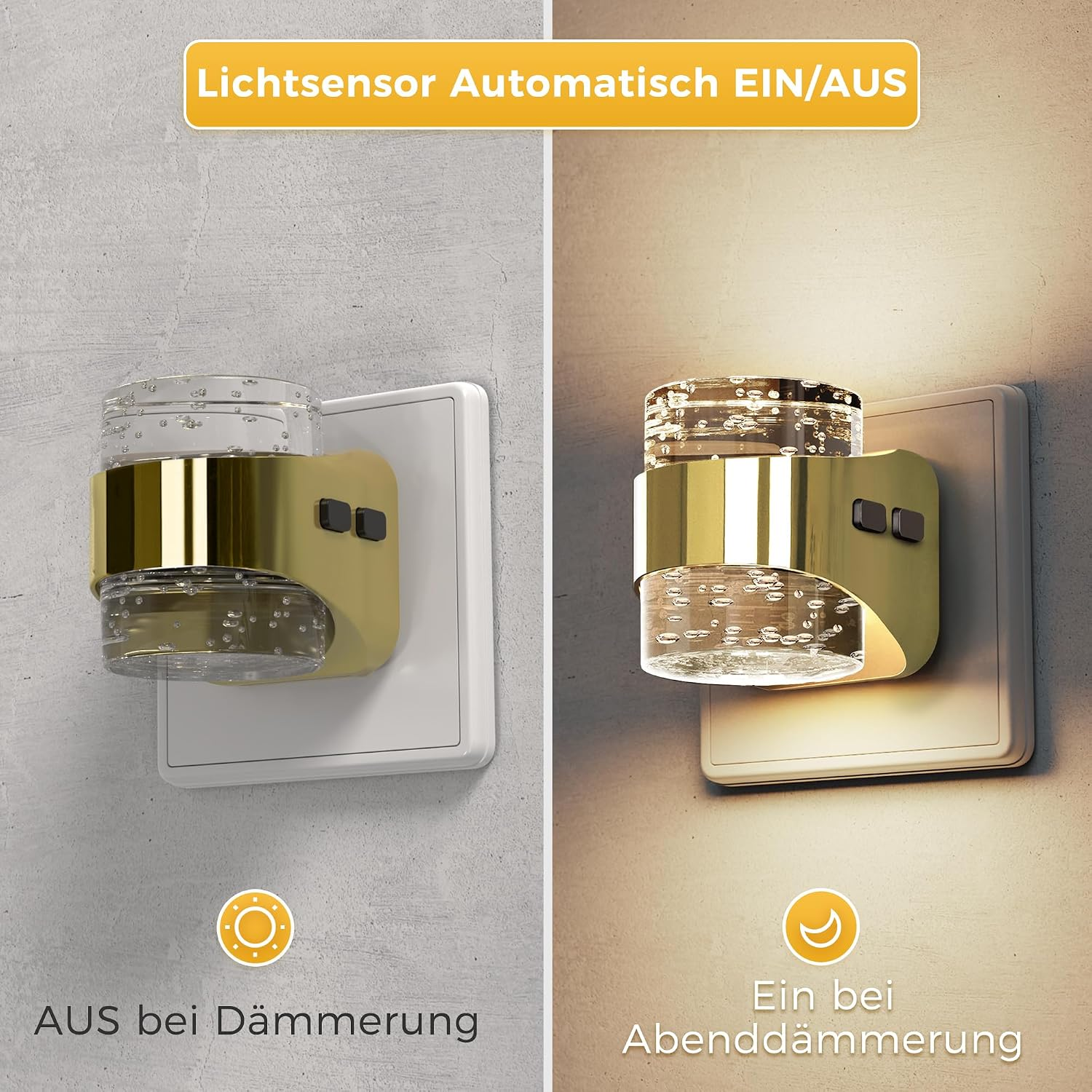 Ein Nachtlicht mit goldenem Gehäuse, das sich bei Dämmerung automatisch ein- und ausschaltet.