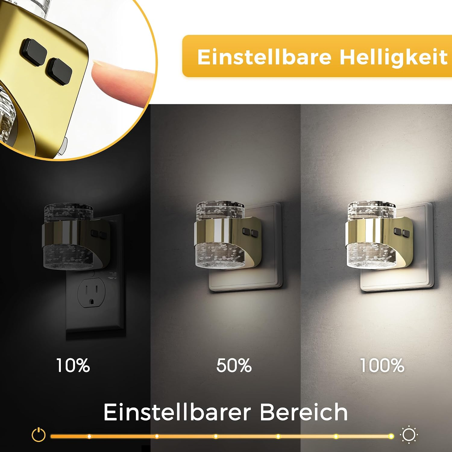 Ein goldener Nachtlicht-Stecker zeigt Helligkeitsstufen von 10%, 50% und 100%.