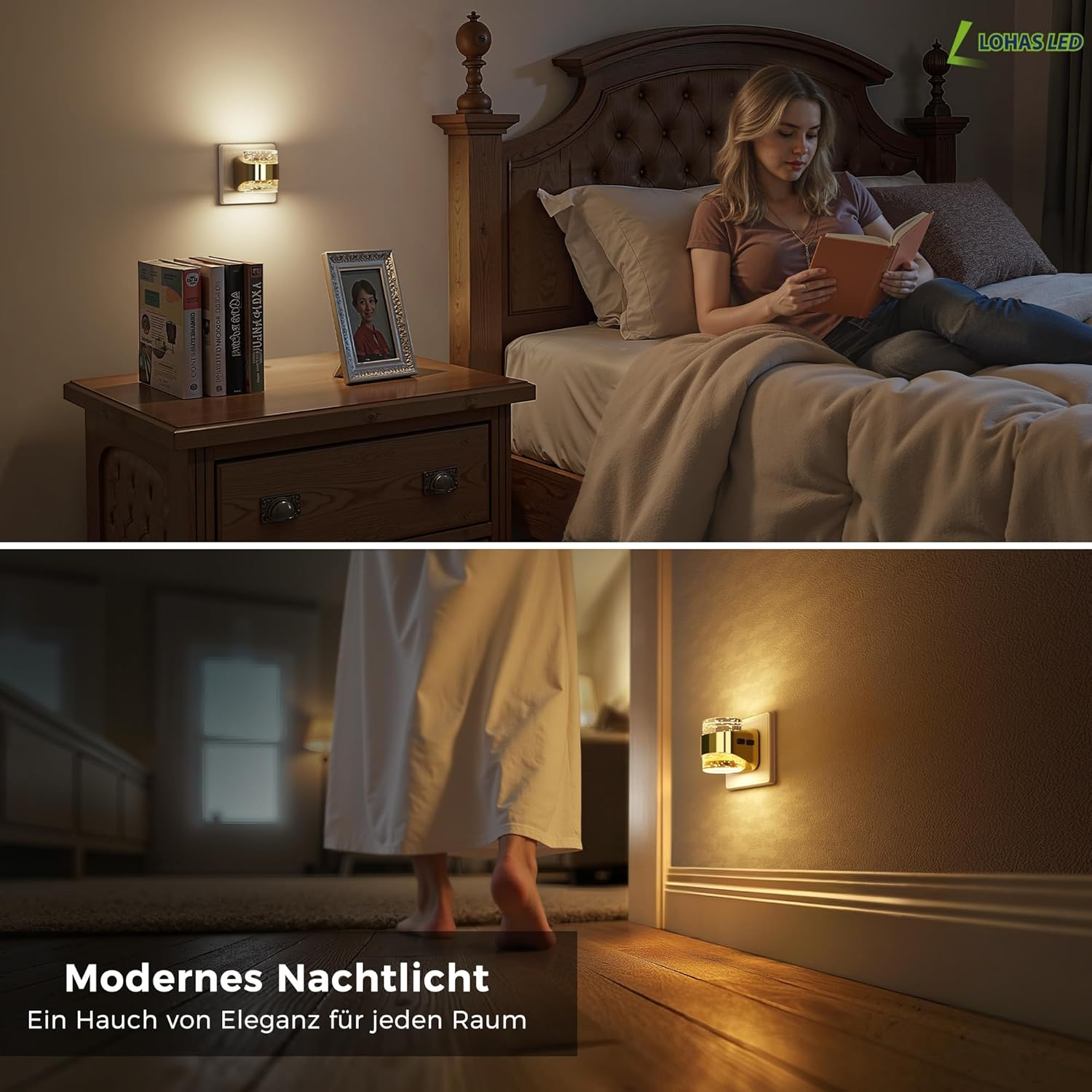 Eine Frau liest im Bett, während ein Nachttischlicht leuchtet.