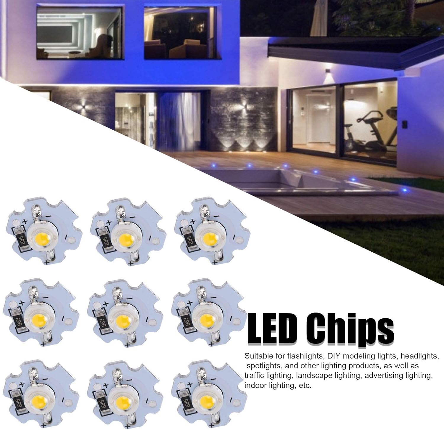 Neun weiße LED-Chips auf einer Leiterplatte vor einem modernen Haus mit blauer Beleuchtung.
