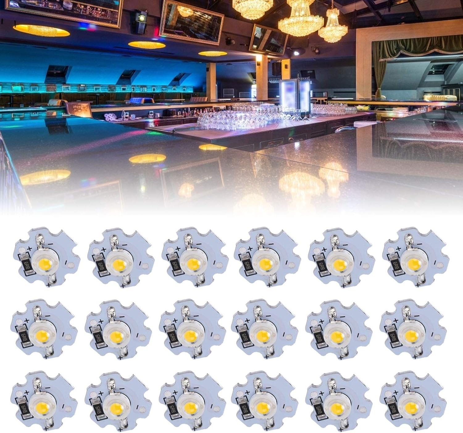 Ein Bar-Interieur mit blauer Beleuchtung und Kronleuchtern darüber, und ein Gitter aus LED-Chips darunter auf weißem Hintergrund.