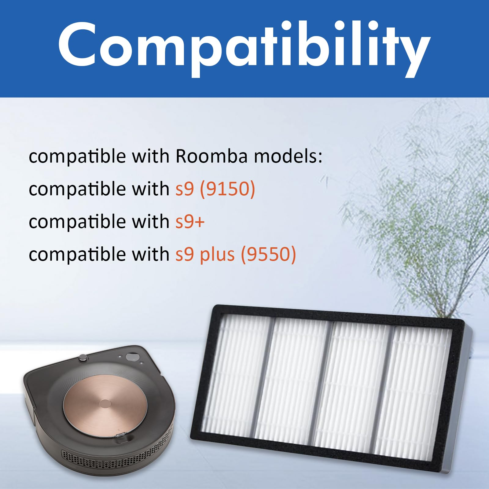 Kompatibilitätsdetails für Roomba s9, s9+, s9 plus Staubsauger und Filter.