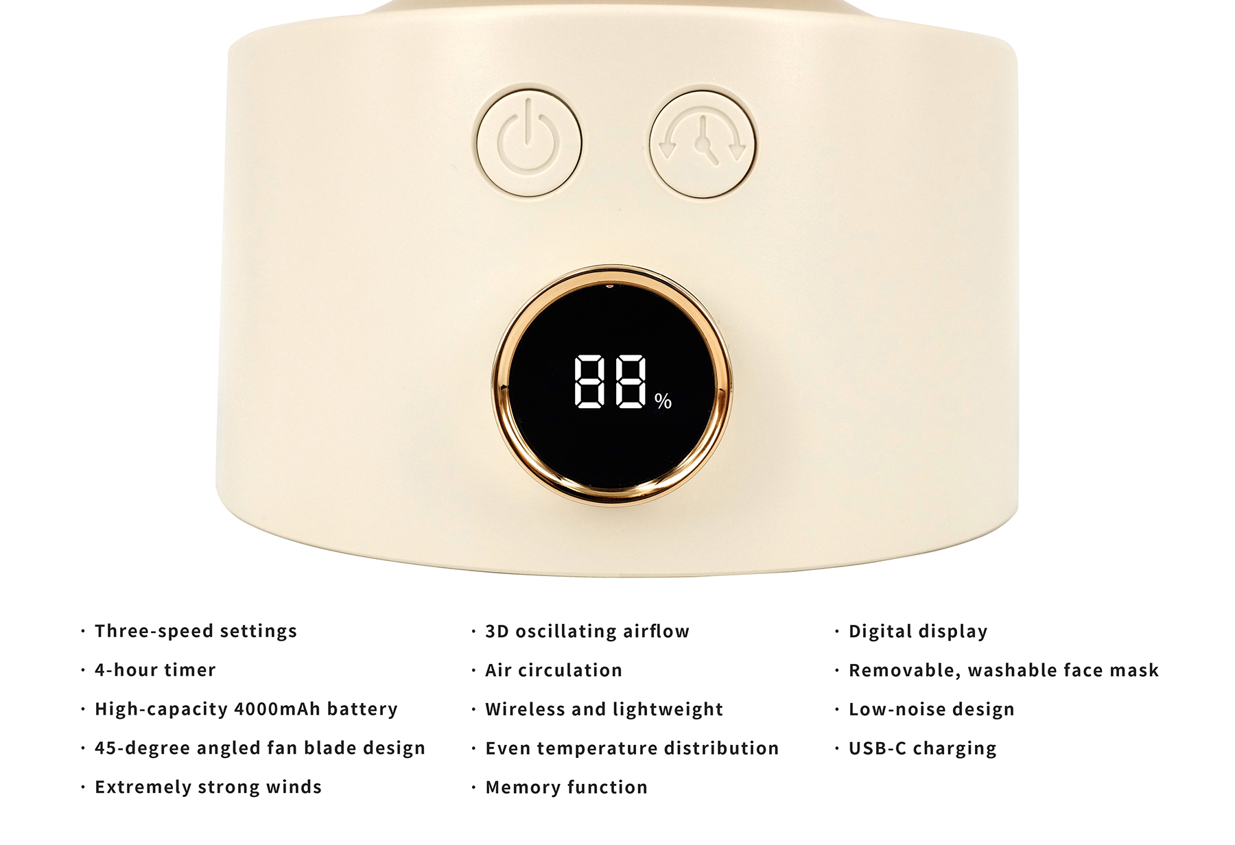 Ein cremefarbener Ventilator mit digitaler Anzeige, die 88% anzeigt.