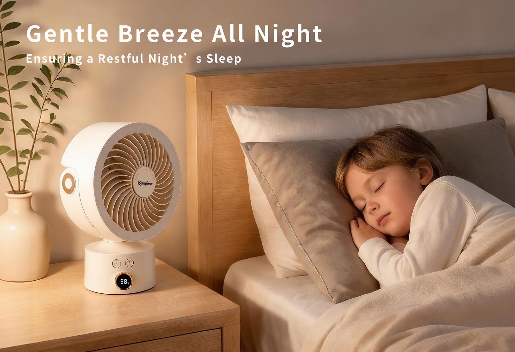 Ein weißer Ventilator steht auf einem Nachttisch neben einem schlafenden Mädchen.